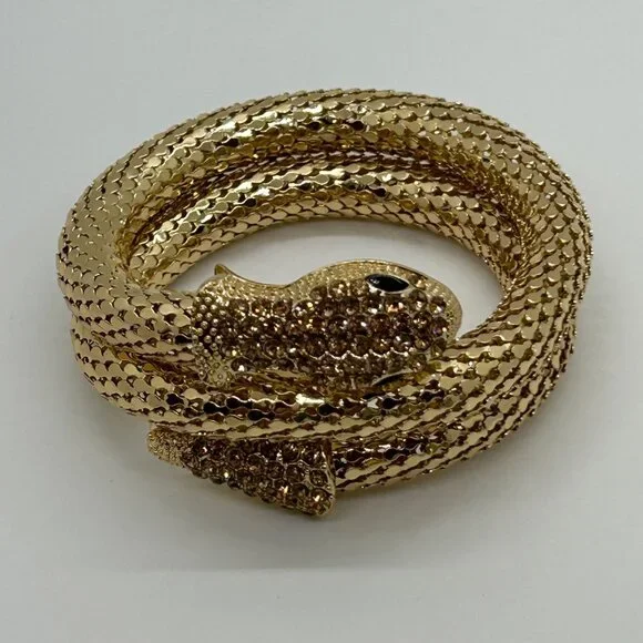 Gold-Tone Memory Wire Snake Bracelet With Black Eyes & Rhinestone Accents - Picture 1 of 10